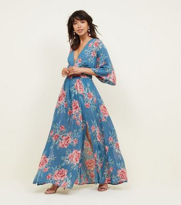 Blue Floral Kimono Sleeve Maxi Dress ...